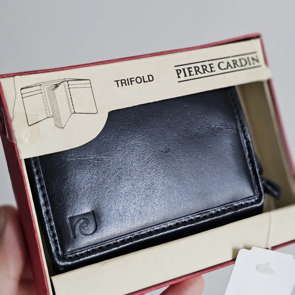 Vintage Pierre Cardin Black Genuine Leather Trifold Wallet NWT
